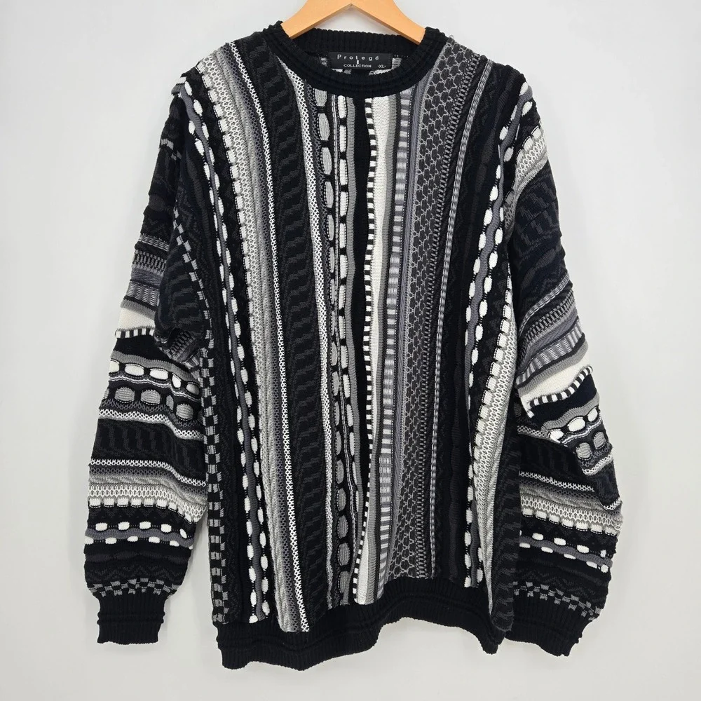 Vtg 90s Coogi Style 3D Knit Textured Sweater Black White Gray Streetwear Mens XL